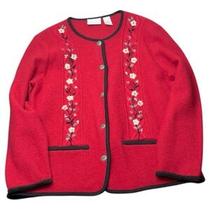 Alfred‎ Dunner Womens M Red Wool Floral Embroidered Button Cardigan Sweater